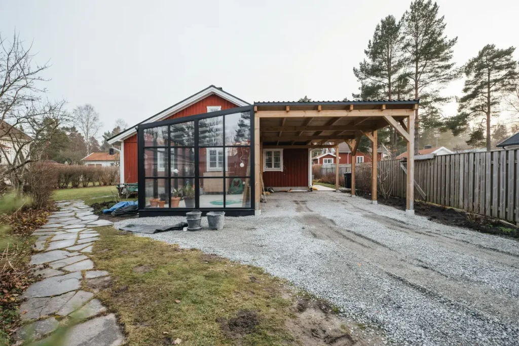 planera komplementbyggnad med orangeri och carport i lta